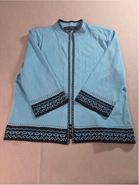 Ming Wang Textured Knit Open Front Cardigan - Light Blue w/ Black Dotted Trim,